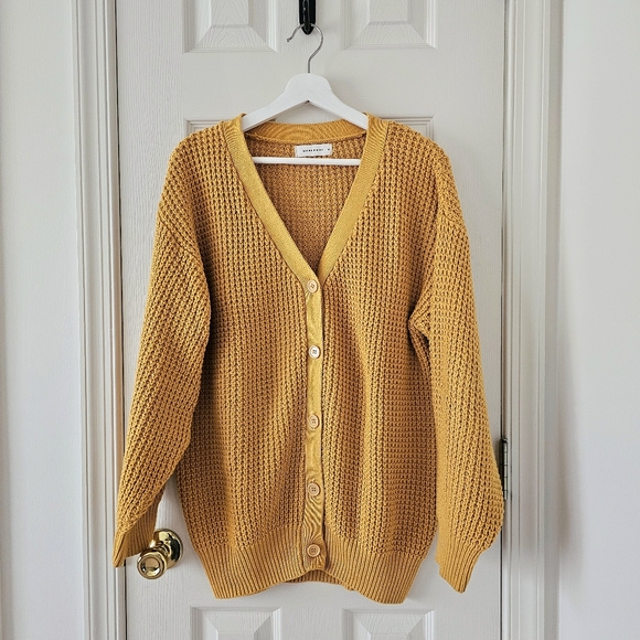QUALFORT Oversized Mustard Cardigan M Cotton Grandpa Chunky Knit Sweater Jacket - Picture 8 of 14